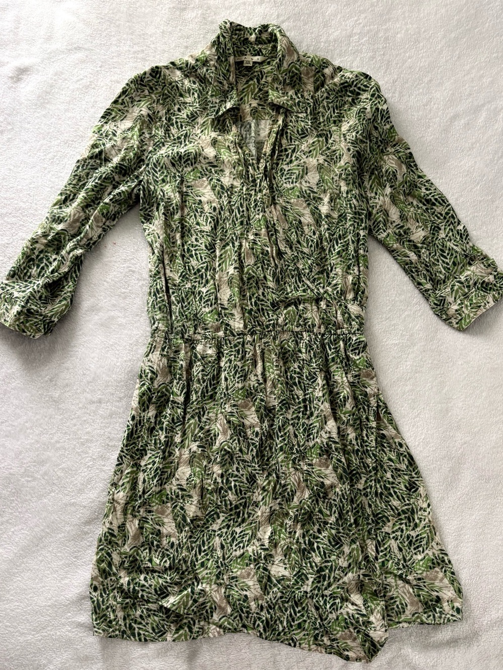CAbi Green Leaf-Print Long Sleeve Shirt Dress